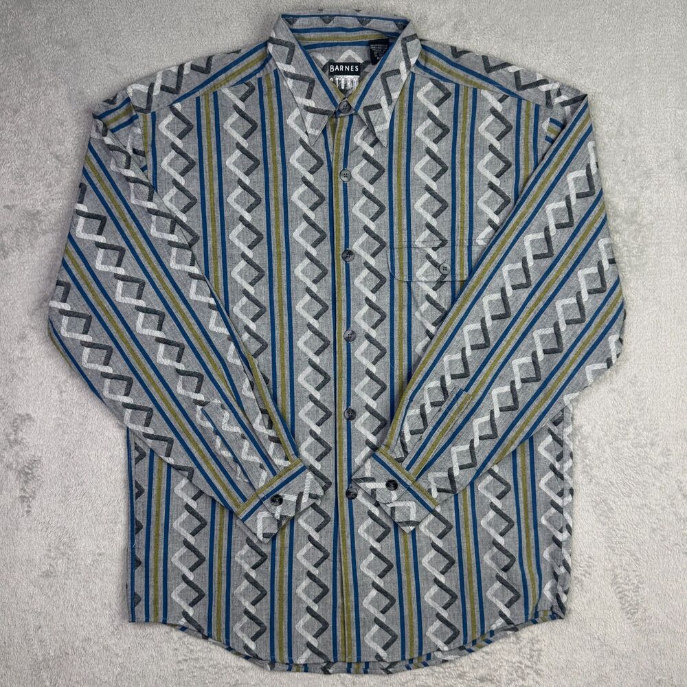 Barnes Storm Shirt Mens Medium Gray Geometric Stripe Print Cotton Button Up